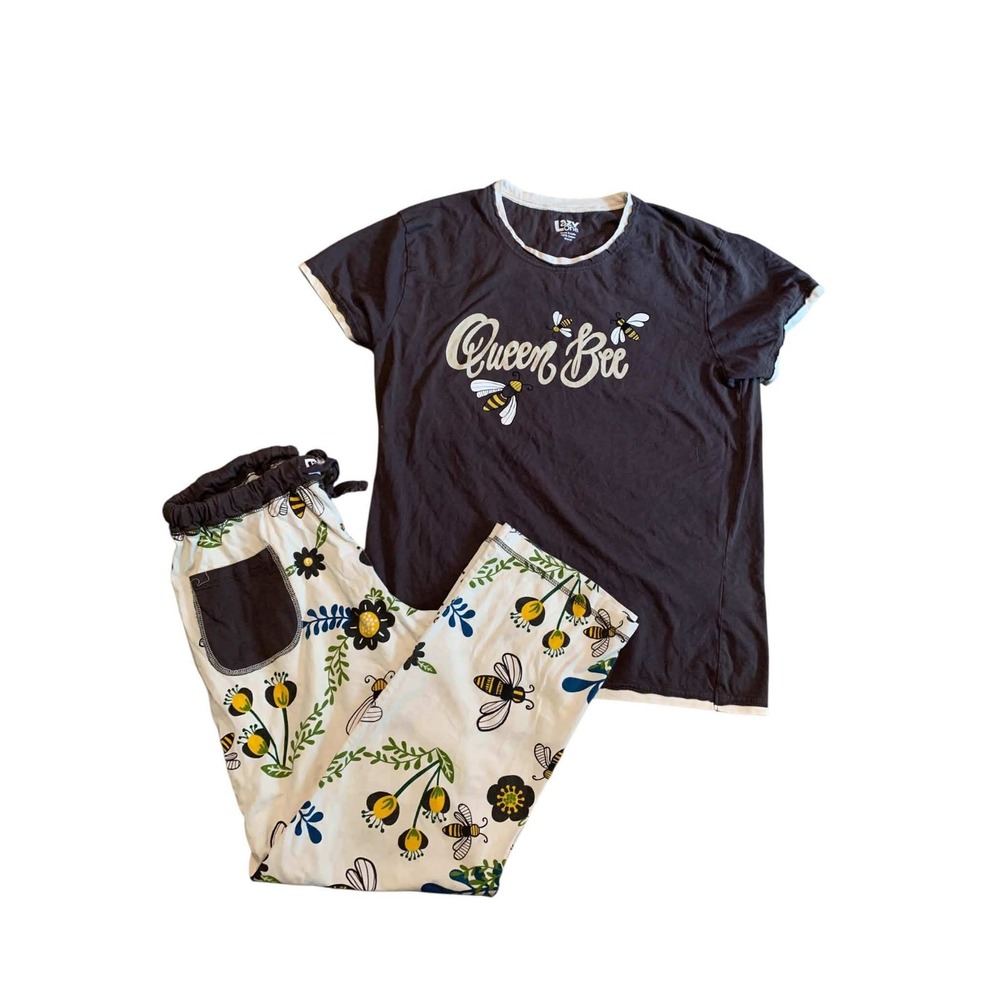 Lazy One Pajama Set Women Size M Gray Queen Bee Graphic Floral Cotton Sleepwear